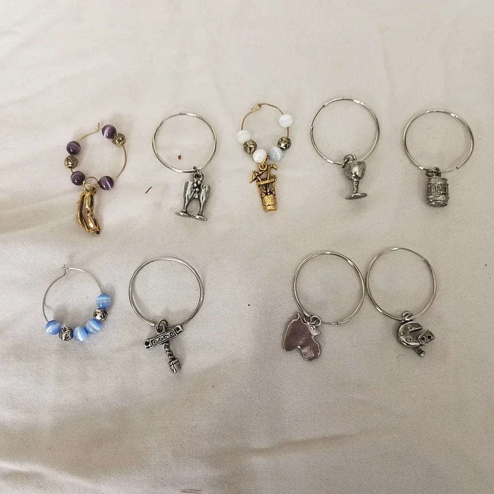 Wine themed Glass Charms Mixed Colors Excellent Beaded Metal 9pc Set
